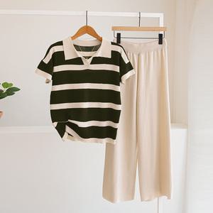 [잇수다] 제닛 스트라이프 카라 반팔 니트 + 밴딩 와이드 팬츠 여름 투피스 세트