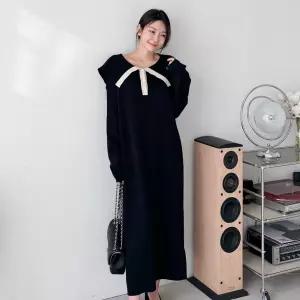 여성 니트 세일러 카라 배색 박시 롱 원피스 ARA-WDR-3862-블랙