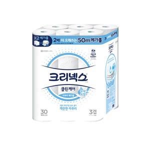 크리넥스 천연펄프 3겹 클린케어 아쿠아 메가롤, 50m, 30롤, 1개