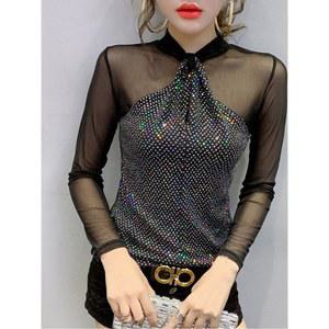 여성 사교 반짝이 라인 라틴 밸리 공연복 티셔츠 방송 라틴댄스복