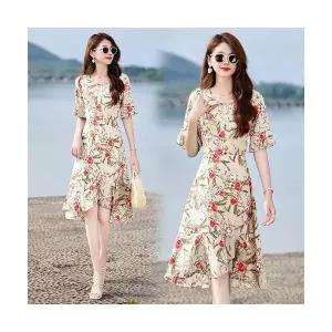 여자 쉬폰 시폰 원피스 플라워 여름 브이넥 플레어 소매 허리조임 슬림 롱스커트 ST2