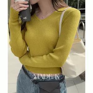 오블리 브이넥 팬던트 슬림 골지 니트 봄 여성 슬림핏니트 레이어드 이너