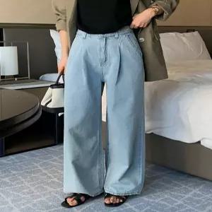 46537 쿨라이트 연청 핀턱 와이드핏 데님 (one color) 히든밴딩