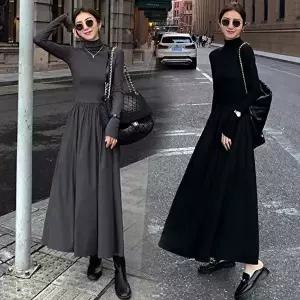 가을 시크한 여성 하이웨스트 A라인 목티 긴팔 원피스 (HSJ-WCFFBCF)