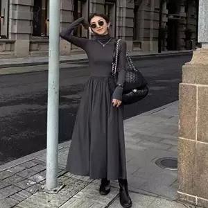 여성 하이웨스트 스타일 가을 긴팔 목티 A라인 원피스 (HSJ-WD12ECF)