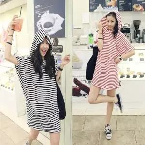 스트라이프 후드 반팔 원피스 휴양지 여름 미니원피스 (HSJ-WB8E1C2)