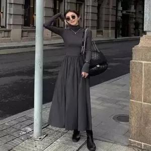 여성 하이웨스트 스타일 가을 긴팔 목티 A라인 원피스 (HSJ-WD12ECF)