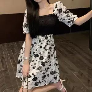 검정 장미 무늬 스퀘어넥 라인 여름 원피스 단정한룩 (HSJ-WE35013)