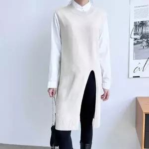 옆트임 슬리브리스 니트 롱원피스 레이어드룩 나시 (HSJ-WDDEAE7)