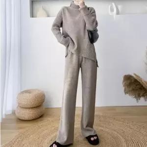 체크투피스 꽈배기 폴라넥 니트 팬츠 언발 기장 옆트임 세트