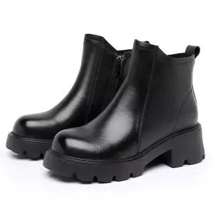 포뇨2 여자 플랫워커 천연가죽 빈티지 통굽 옆지퍼 소가죽 앵클부츠 라운드 워커 단화 OPH5