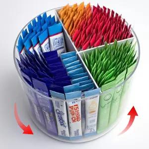 팀비에아 360 회전 음료 패킷 정리함 커피 설탕 및 믹스를 위한 투명 BPA 프리 플라스틱 4섹션 보관 스태킹