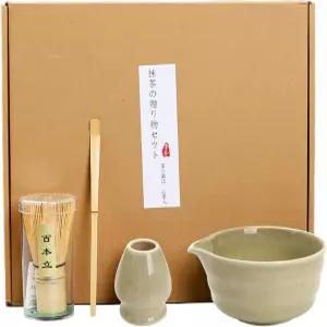 말차 거품기 세트 4PCS 세라믹 볼 홀더가 포함된 대나무 차 전통 일본 다도 또는 일일 양조를 위한 스쿱