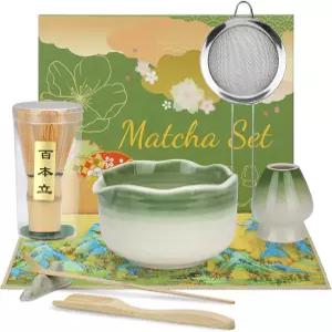 8PCS 말차 거품기 세트 세라믹 키트 그릇 숟가락 대나무 홀더 체 티 천 스쿱 및 스탠드 다크 그린 화이트