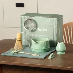 말차 거품기 세트 8개 세라믹 키트에는 그릇 및 홀더 대나무 스쿱 체 의식용 티 타월 애호가가 포함되어