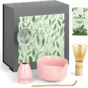 핑크 전통 말차 거품기 세트 일본 키트 5개와 차완 세라믹 그릇 스파우트 채센 대나무 및 홀더 스쿱 체 -