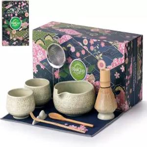 부쿠프 말차 거품기 세트 10개의 그릇 2컵 및 홀더 대나무 스쿱 숟가락 휴식 체 티 타월 키트 완성(노트