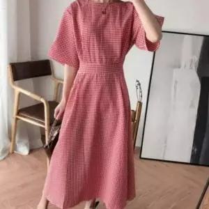 바캉스룩 체크패턴 롱원피스 여름원피스 깔끔디자인 팔뚝살커버