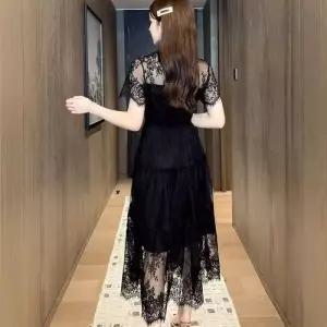 원피스 치마 블랙 여성 망사 빈티지 레이스 펀칭 반팔 슬림핏 프렌치 CH2