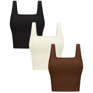 올치 여성 3팩 크롭 탱크 탑 베이직 리브 민소매 스퀘어 넥 운동 여름 요가 짐 셔츠
