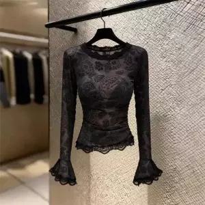 여친 망사 빈티지 레이스 슬림핏 봄가을 이너탑 롱루즈핏티 티 일자 긴팔 KS3