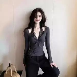 여성 그레이 봄 투피스 페이크 홀터넥 꼬임 이너탑 레이스 긴팔 롱루즈핏티 티셔츠 브이넥 KS1