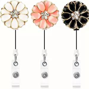 카멜리아가 있는 퀸수에 3팩 ID 배지 홀더 블링 라인스톤 RN 릴 리트랙터블 여성 간호사 악어 클립