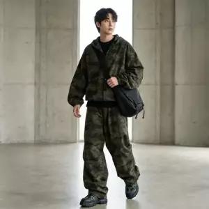 ACC 2002-2003M 남자 아웃도어 밀리터리 카모 전술 후드 집업 와이드 팬츠 상하의세트