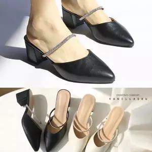 [바닐라슈] 여성 필리언 슬림 발등V컷 큐빅라인 미들힐 뮬 슬리퍼(5cm)