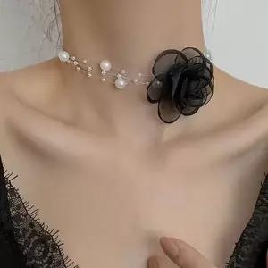 여성 진주 장미 코사지 로맨틱 초커 여성초커 여성코사지목걸이 여성장미초커