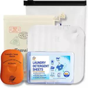 여행용 세탁 세제 시트 키트 포켓 50장 실리콘 싱크대 스토퍼 및 캔버스 백 보너스 파우치 TSA 준수