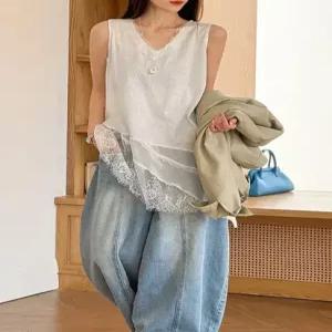 아망 언발 레이스 롱면나시 티셔츠_M4706