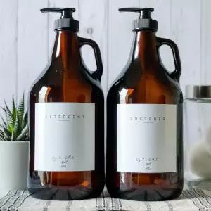 세탁실용 세탁 세제 디스펜서 반 갤런 앰버 유리 저그 2개 섬유 유연제 액체 비누 및 표백제 64온스 블랙