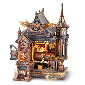 펀폴라 LED 3D 우드 퍼즐 아울 우체국, 기계 기어가 장착된 다이내믹 모델, 음악과 조명이 DIY 미니어처 키트, 성인 및 홈 데코 선물