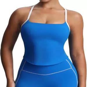 Aoxjox 여성용 운동용 민소매 컬러 블록 렉시 탱크 탑 대비 스트랩 크로스 백 요가 커브 롱라인 크롭