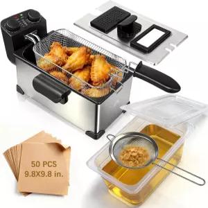 바구니 포함 깊은 튀김기 1600W 가정용 오일 여과 기능 3L 소형 타이머 및 온도 조절 냄비 창문 보기