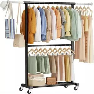 MWQ 더블 의류 랙 옷 걸이용 조절 가능한 막대가 있는 롤링 블랙
