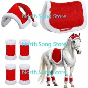 호환  크리스마스 휴일 산타 다리 랩 인조 트림 휴일 산타 말 모자 새들 패드 6 개