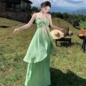 스커트 여성용 톱 여행 세트 섬 홀터넥 사진 하이웨스트 바캉스룩 정장세트 빅 원픽1