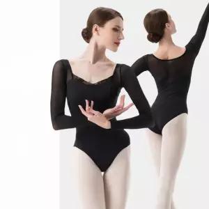스플라이스 레이스 칼라 발레 댄스 레오타드 요가 체조 바디수트 긴팔 단색 블랙 소녀 댄스웨어 여성
