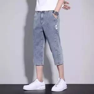 남자 팬츠 여름 청반 스판 배기핏 통기성 쿨 링클 데님팬츠 7부 원픽2