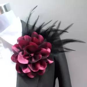 패브릭 여성 브로치 코사지 플라워 머리핀 깃털 와인레드 꽃 핀