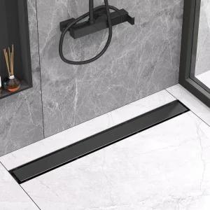 욕실용 YEFU 블랙 선형 샤워 배수구 타일 삽입 격자가 있는 12인치 304 스테인리스 스틸 직사각형 2in1