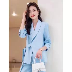 여자 봄 가을 면접복장 여성 투피스 여성용 단색 블레이저 재킷 긴 바지 정장 세트 비즈니스 붕대 착용 프