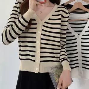 여성 스트라이프 브이넥 니트 가디건 봄 가일 기본