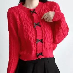 여성 리본 트위스트 겨울 데일리 케이블 니트 가디건