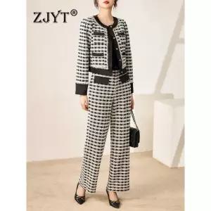 트위드 자켓 여자 린넨 크롭 코트 여성 가죽 청 재킷 ZJYT 격자 무늬 바지 세트 여성용 의상 빈티지 컨정토