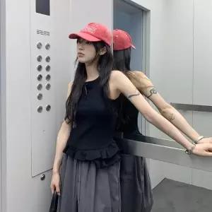 [다잇템] 여자 프릴 슬리브리스 골지 헨리넥 티어드 단추 티셔츠