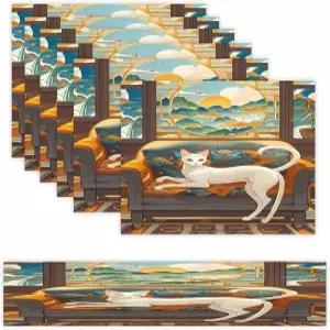 펠트 시바견 테이블 러너 및 플레이스 매트 세트 6 농가 러스틱 내추럴 버랩 세척 가능 린넨 아트 장식