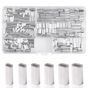 JSHANMEI 알루미늄 낚시 크림프 슬리브 키트, 520피스 싱글 크림프 슬리브 타원형 낚시 루프 슬리브 튜브 커넥터 키트 낚싯줄 압착 슬리브 와이어 리더 리깅 태클 6가지 사이즈